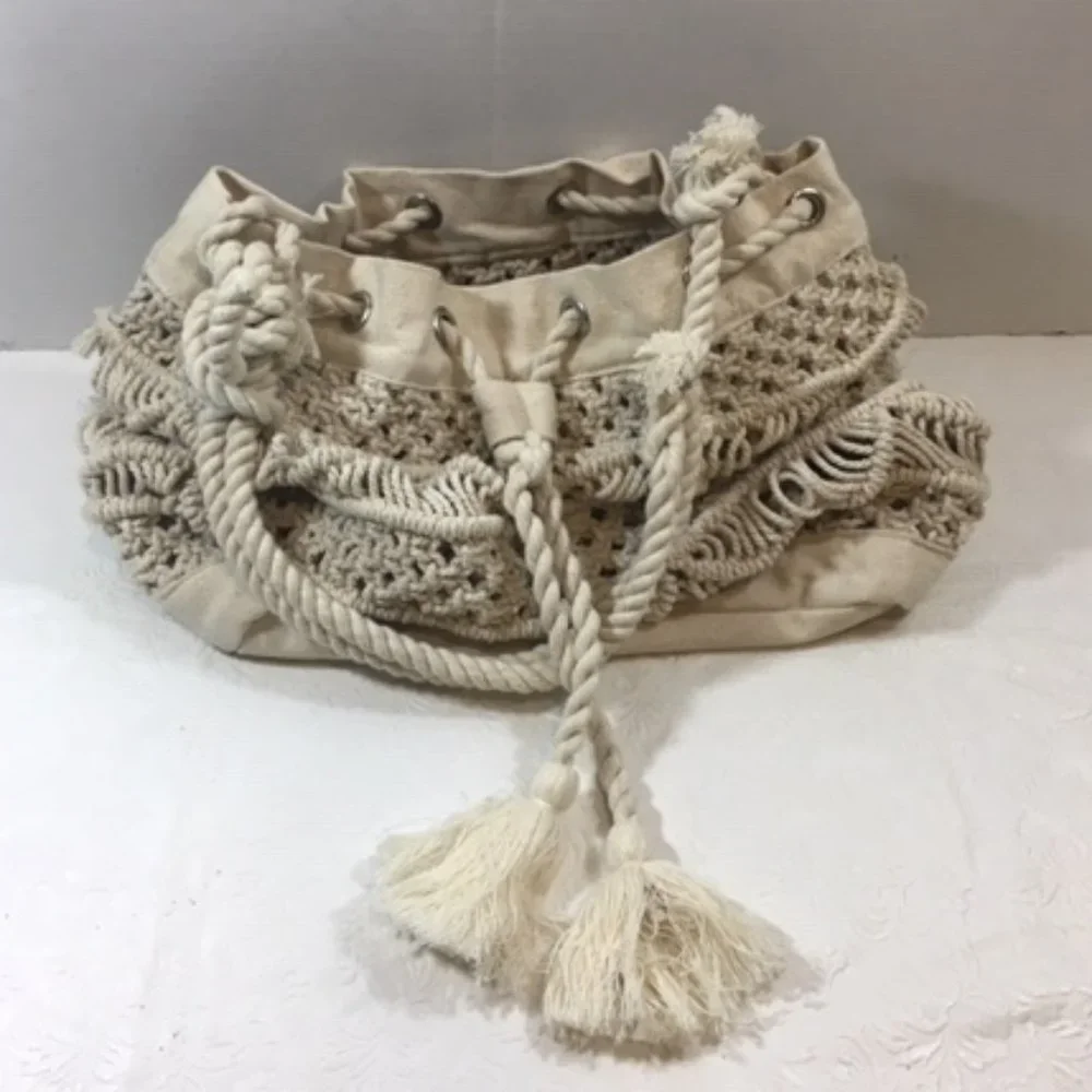 Macramé Knotting Shoulder Handbag Tote Cotton Drawstring11x5.5x11